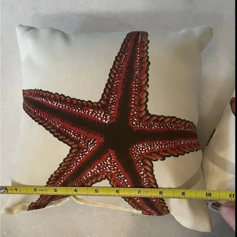 Pottery Barn Red Starfish Accent Throw Pillows Coastal Beach Decor Pair 10”